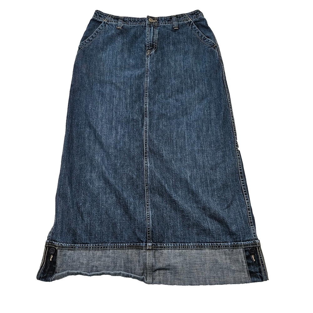 BKLE Denim Women's Sz 31 Vintage Y2K 90's Blue Denim Cuffed Hem‎ Midi Skirt